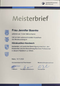 Das Bild zeigt den Meisterbrief von Jennifer Boenke - Hörakustikerin aus Münster Gremmendorf