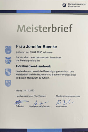 Das Bild zeigt den Meisterbrief von Jennifer Boenke - Hörakustikerin aus Münster Gremmendorf
