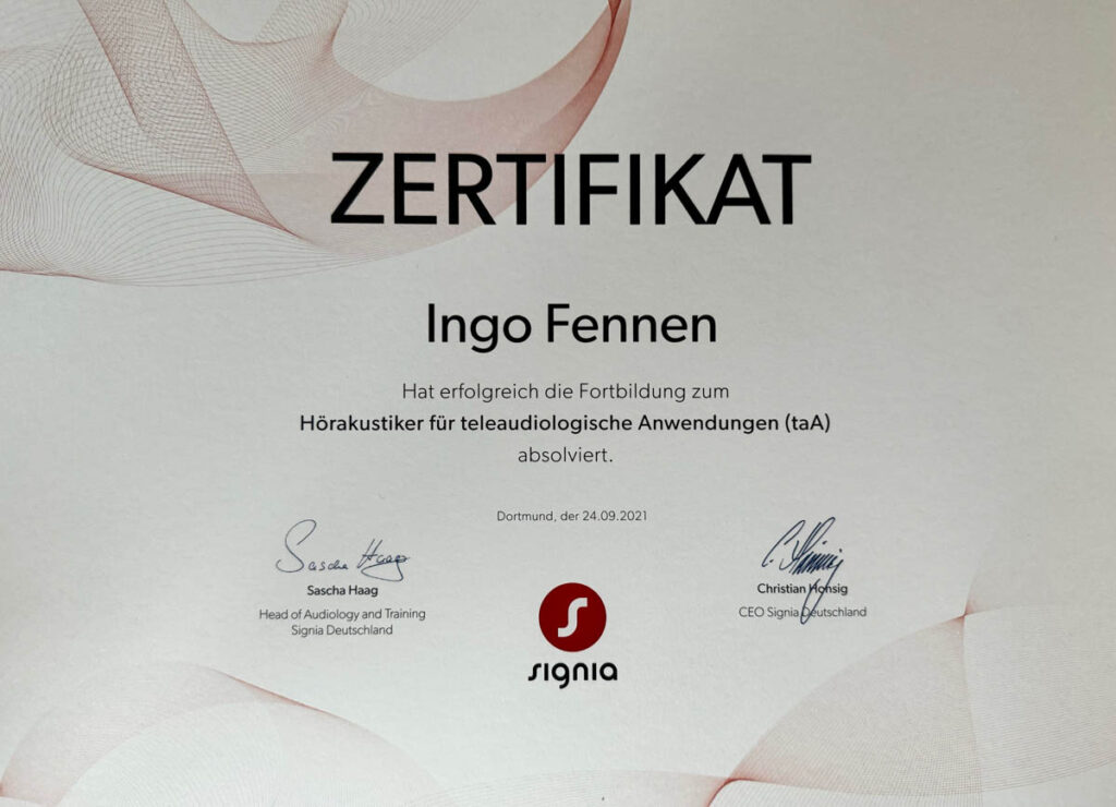 Das Bild zeigt ein Zertifikat von Ingo Fennen Hörakustiker aus Münster-Gremmendorf