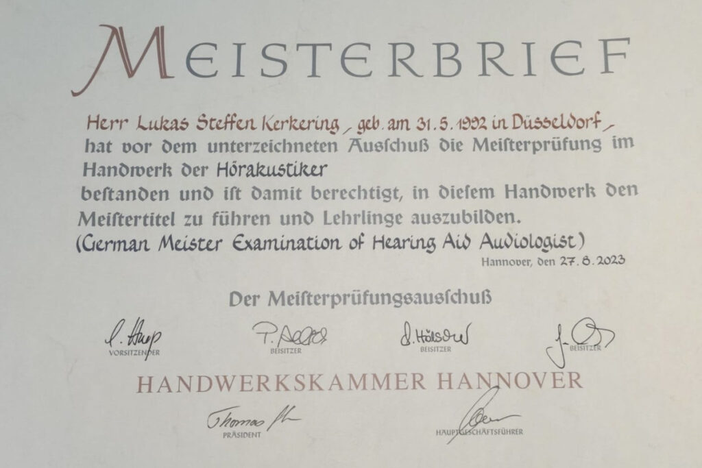 Das Bild zeigt den Meisterbrief von Lukas Kerkering, Hörgeräteakustiker-Meister in Münster-Gremmendorf