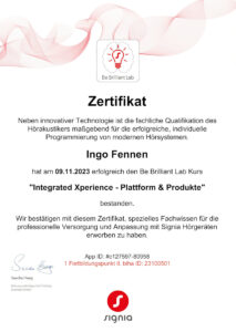 Das Bild zeigt ein Zertifikat, welches der Hörwerk-Geschäftsführer Ingo Fennen im Rahmen einer Weiterbildung bei dem Hörgerätehersteller Signia erworben hat